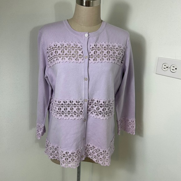Isaac Mizrahi Cardigan Sweater Lace Trim Knit Lightweight Lavender Purple‎ Small - Picture 1 of 15